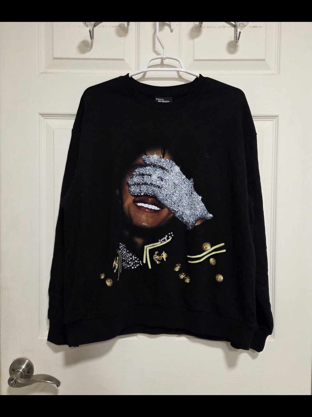 MEJEND Michael Jackson Rhinestone Glove Graphic Black Sweatshirt Crewneck Size L